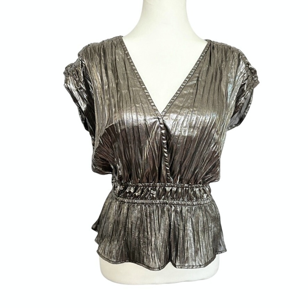 JOE'S Jeans Lea Lame Metallic Peplum Top Metallic Silver Plunge Neck Smocked S - Picture 2 of 8